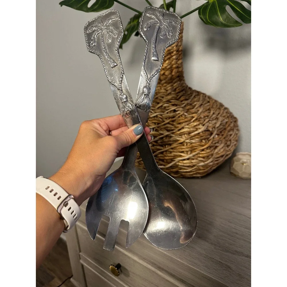 VTG 1994 Mariposa Palm Tree Serving‎ Salad Spoon Fork Set Tropical